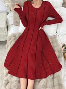 Women's Long Sleeve Casual Split Line Contrast Color Patchwork Skirt Dress - Red - View 4