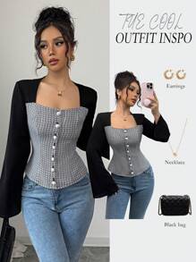 Elenzga Camisa de mujer elegante de manga acampanada con cuello cuadrado y bloque de color negro