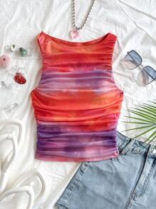 Soleia Women's Summer Vacation Ombre Color Mesh Print Ruched Sides Sleeveless Tank Top - Multicolor - View 5
