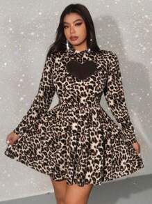 Allurite Plus Size Black Hollow Heart Embroidered Mock Neck Long Sleeve Leopard Print Flared Hem Knit Dress, Elements: Valentine, Rose, Heart, Polka Dot, Love, Lip, Cupid, 179D Flower
