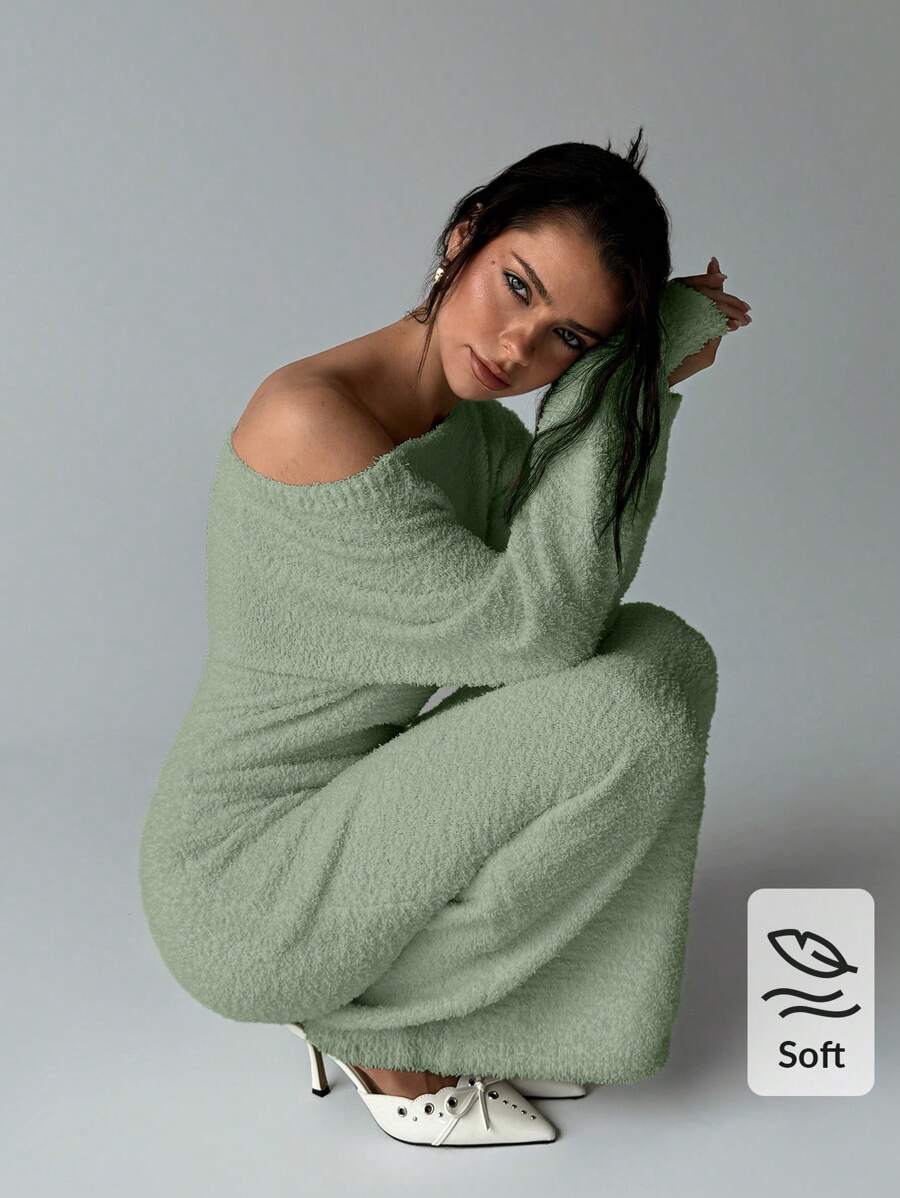 Aloruh 女式超大露肩长款针织毛衣连衣裙，秋冬 - 綠色 - 查看 1