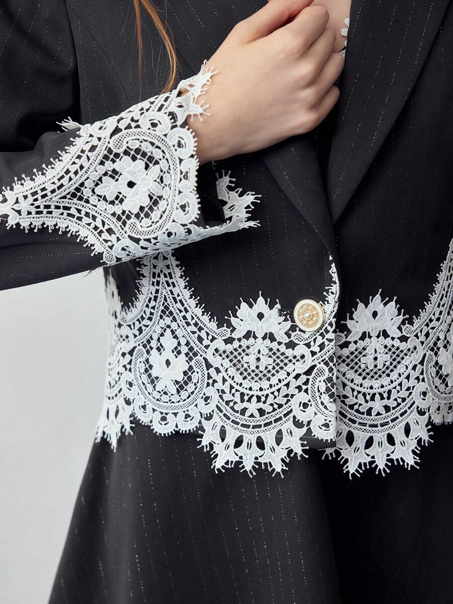 MOTF STUDIO 对比色蕾丝条纹西服 - 深灰色 - 查看 2