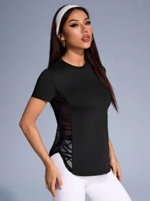 Eassivo Eassivo Camiseta de manga corta para gimnasio y yoga con parches simples en los laterales para mujer - Negro - Ver 5