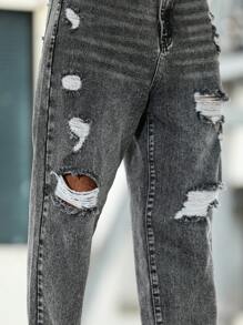 Manfinity Roughcore Quần Jeans Nam Túi Xiên Rách Dáng Rộng - Màu xám đen - Xem 5