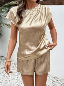 Breezaya Women Metal Feel Pleated Short Sleeve Shorts 2 Pieces Set, Holiday Leisure Wear