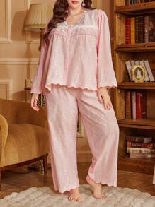 PalaceNights 3D Floral Patchwork Palace Style Embroidery Long Sleeve Pajama Set, Plus Size