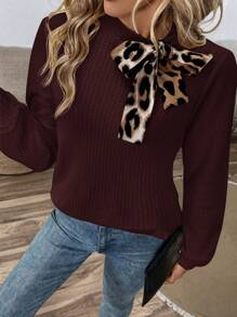 SHEIN LUNE Sudadera de manga larga con cuello y lazo con estampado de leopardo para mujer