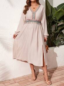 SHEIN LUNE Plus Size Long Sleeve Casual Retro Printed Waist Tassel Dress Sundress Linen Fabric - Beige - View 6