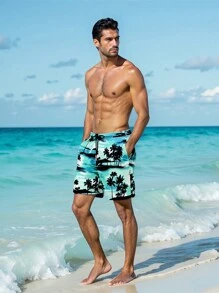 Manfinity Swimmode Men's Palm Tree Print Drawstring Waist Pocket Beach Shorts