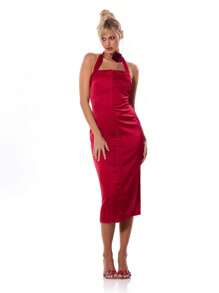 MUSERA Satin Halterneck Hook & Eye Midi Dress Sexy Cute Spring Summer Party Going Out Vacation - Red - View 5