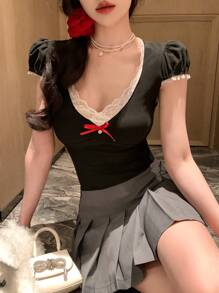 DAZY Women V-Neck Lace Patchwork Contrast Color Short Sleeve T-Shirt Cute Tops - Black - View 6