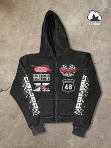 Manfinity EMRG 男式字母图案长袖前拉链连帽运动衫 - 黑色 - 查看 1