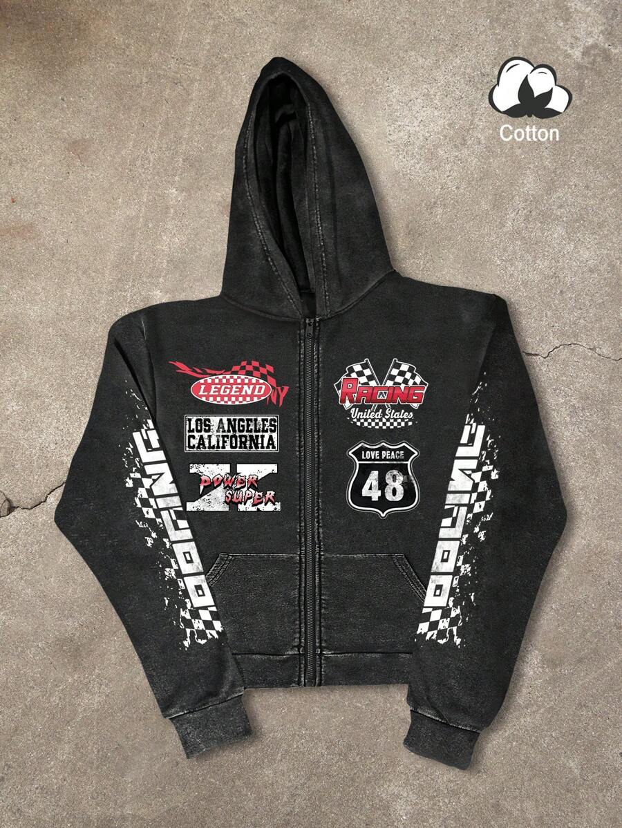 Manfinity EMRG 男式字母图案长袖前拉链连帽运动衫 - 黑色 - 查看 1