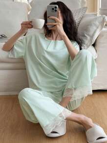 DAZY 2 件套女士条纹宽松短袖睡衣套装 - 綠色 - 查看 4