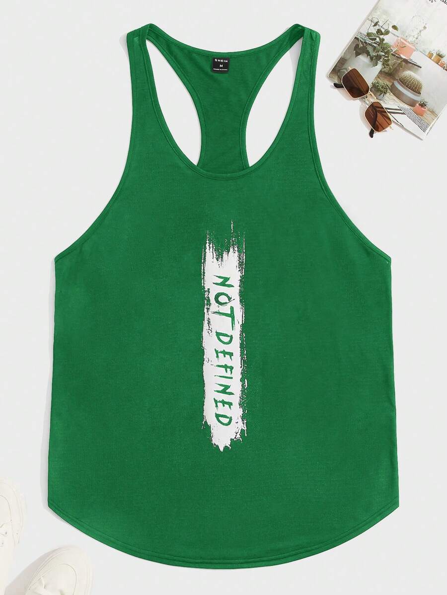 Manfinity Homme Men's Letter Print Arched Hem Workout Tank Top - Green - View 1