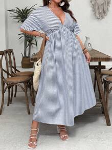 SHEIN VCAY Plus Size Striped V-Neck Short Sleeve Dress, Simple Casual Everyday Wear - Blue and White - View 5