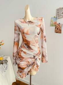 Soleia 女士度假针织网眼复古扎染花卉印花修身长袖褶边荷叶边紧身迷你连衣裙，性感派对