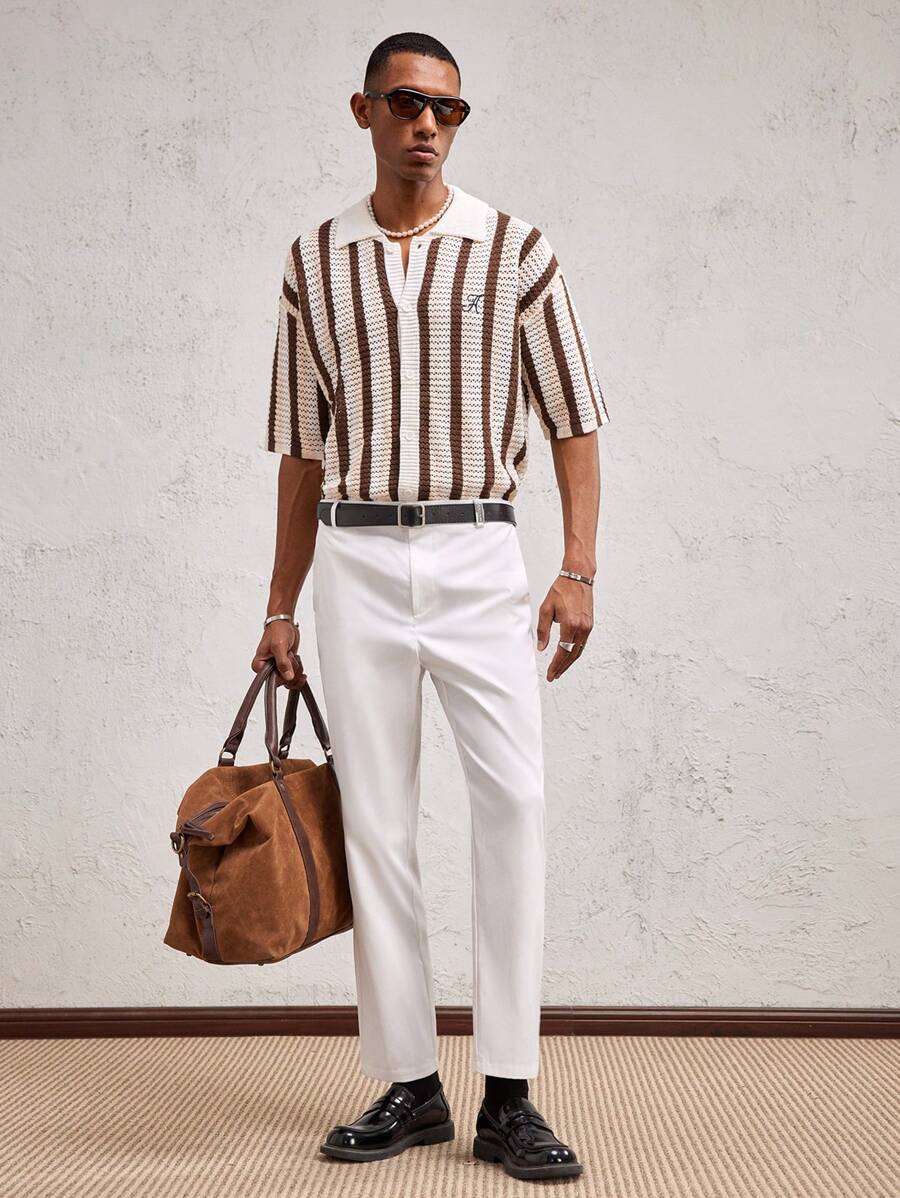 SHEIN X ELOISA & ORSON AKNOTIC Business Casual Men's White Woven Metal Letter Decor Mid-Rise Straight Leg Casual Pants, Suitable For Daily Wear, Spring/Summer, Graduation Gift - White - View 1