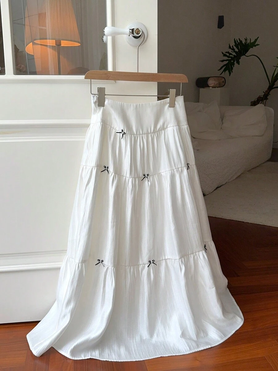 DAZY Women's Korean Style Bow A-Line Glossy Solid Color Skirt Fall Skirts - White - View 1