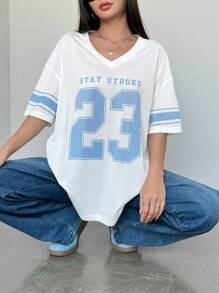 Flirla Camiseta deportiva casual con estampado de dígitos grandes, en estilo Y2K