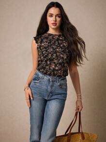 Poéselle Floral Print Lace Panel Blouse Summer Tops Vacation Clothes - Black - View 3