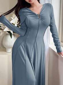 Mulvari 勃艮第红女士优雅纯色腰部收腰长裙，春秋