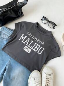 Comfortcana 夏季休闲字母印花圆领短款T恤 - 深灰色 - 查看 4