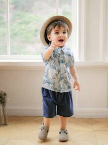 Souflis Souflis Infant/Toddler Boy Summer Floral Print Lapel Collar Short Sleeve Shirt & Straight Loose Casual Shorts 2pcs Suit Set, Fashionable And Comfortable For Summer Vacation