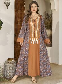 Al Najma Plus Size V-Neck Digital Printing Tassel Dress, Elegant Arabic Style - Multicolor - View 2