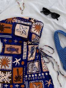 Soleia Tropical Island Elements Hollow Out Drawstring Waist Fitted Tube Top Dress, Holiday Date, Valentine's Day, Afternoon Tea Casual Wear,Summer Dresses For Women,Tea Party Dress - Multicolor - View 6