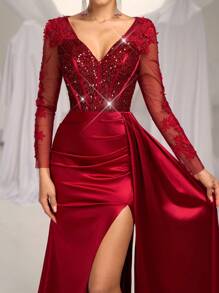 Glamrae Elegant Luxury V-Neck Sheer Long Sleeve Lace Flower Applique Sequin Mermaid Hem Satin Ruched Split Evening Maxi Dress With Flowy Side Panels, Wedding Guest Dress, Suitable For Weddings, Singles Parties, Galas, Formal Events, Party Dress,Gown - Burgundy - View 2