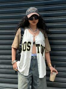 SHEIN EZwear Women's Spring And Summer For Festival Going Out Streetwear Vintage Letter Striped Graphics V-Neck Blouses