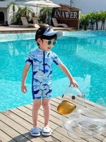 SHEIN 1pc Young Boys Vacation Cute Cartoon Print Colorblock Long Sleeve Rash Guard & Cap Set, Suitable For Beach, Pool, Spring/Summer