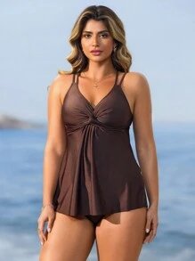 Swim Lushoire Swim Lushore Beach Outfits For Women Summer Solid Color Twist Front Ruffle Trim High Waist Tankini Two Pieces Swimwear - Coffee Brown - View 1