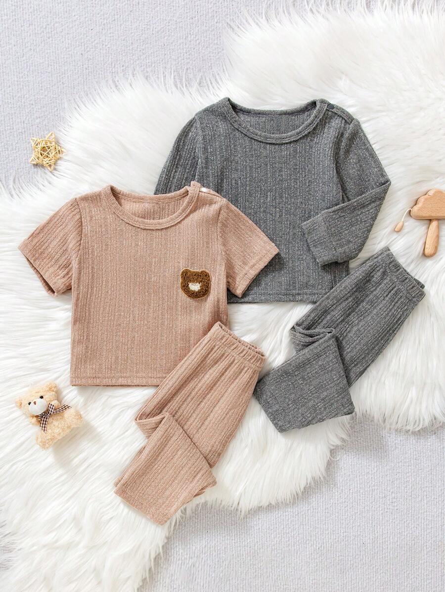 4 件装男婴阳光条纹刺绣熊装饰短袖 T 恤和长裤，夏季家居服套装 - 彩色 - 查看 1