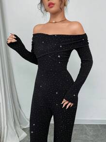 Elenzga 黑色露肩优雅简约修身连体裤，适合约会、聚会、春季 - 黑色 - 查看 6