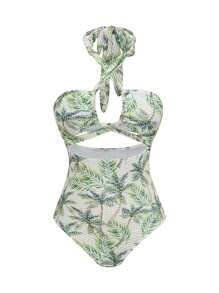 SHEIN Swim Traje de baño de una pieza con estampado de palmera tropical en jacquard de punto, con cuello halter y espalda descubierta, estilo bohemio para playa y festivales de verano