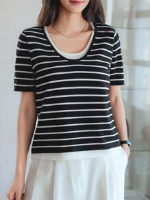 DAZY Women's Color Block Striped Short Sleeve Knit Sweater Top (2 In 1) - Black and White - View 3