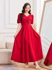 SHEIN Vestido largo elegante con decoración de botones de perlas para adolescentes, primavera y verano, Año Nuevo, Día de San Valentín - Estilo "Clean Girl"/Rojo lujoso para fiestas, vestido de princesa/temporada de bodas, vintage, playa, mar, elegante - Burdeos - Ver 5