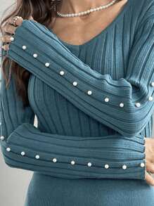 Modelyn Vestido jersey casual de manga larga con cuello en V y decoración de perlas sintéticas para mujer - Agua verde azul - Ver 7