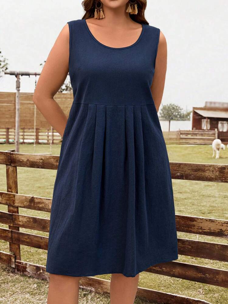 Plus Size Women Vacation Navy Blue Pleated Sleeveless Country Casual Dresses For Women Summer,Casual Everyday Wear,St Patrick Day Outfit,Summer Outfits For Women,Vacation Outfits Woman,Dresses For Women Summer,Boho Women Clothing,Navy Blue Dress,Spring