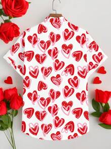 Manfinity Homme 时尚休闲情人节涂鸦心形印花图案男士大码修身常规版型短袖纽扣衬衫，适合情侣约会和聚会，是送给男朋友的绝佳礼物 - 白色 - 查看 4