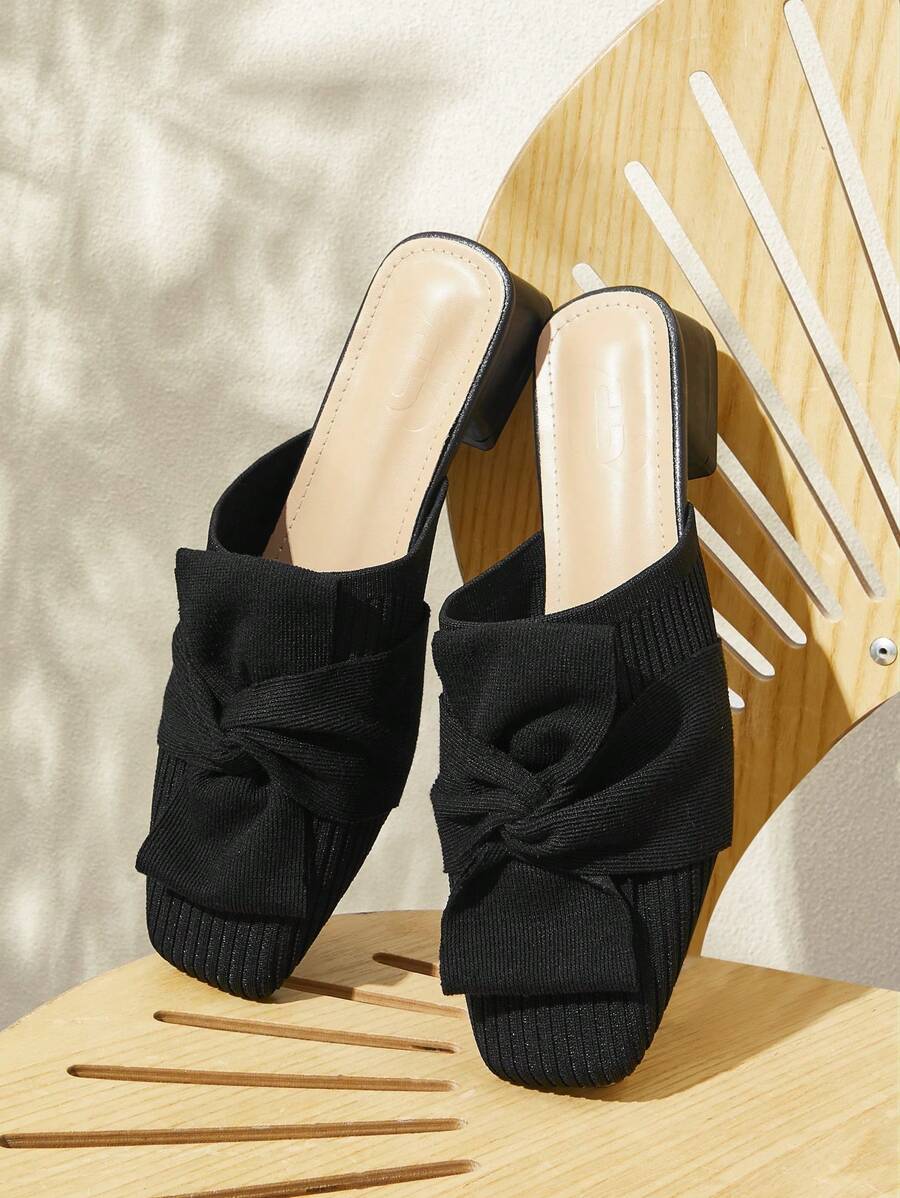 CUCCOO BASICS Women's Comfortable Black Low Heel Woven Knot Square Toe Mules, Suitable For Work, Date, Shopping, Vacation
