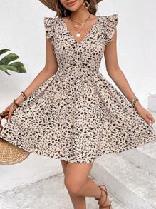 SHEIN Frenchy Women's Elegant Romantic Backless Clashing Lace Big Bowknot At Back Dress,Suitable For Everyday Summer Wear,Floral Dresses,Allover Floral Fabric,French Holiday Outfits,Casual Simple And Fashionable Short Dress For Everyday Wear,Dating Wear,Wedding Season Dresses,Bridesmaid Dresses Beach - Apricot - View 5