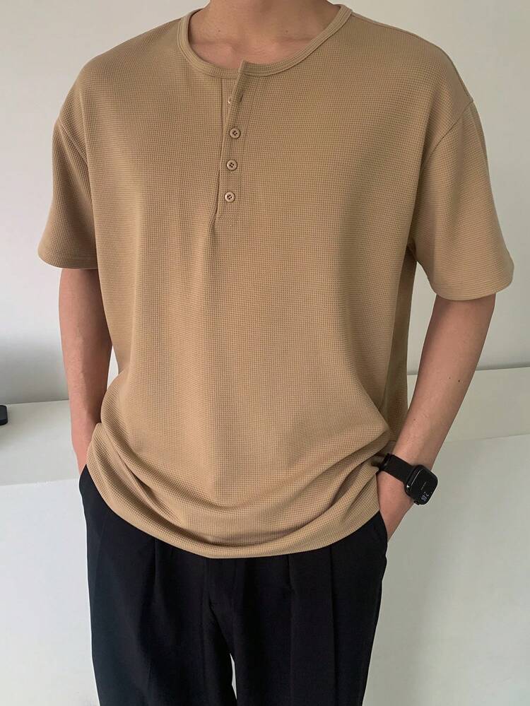 Men's Summer Henley T-Shirt In Khaki Color Textured Fabric