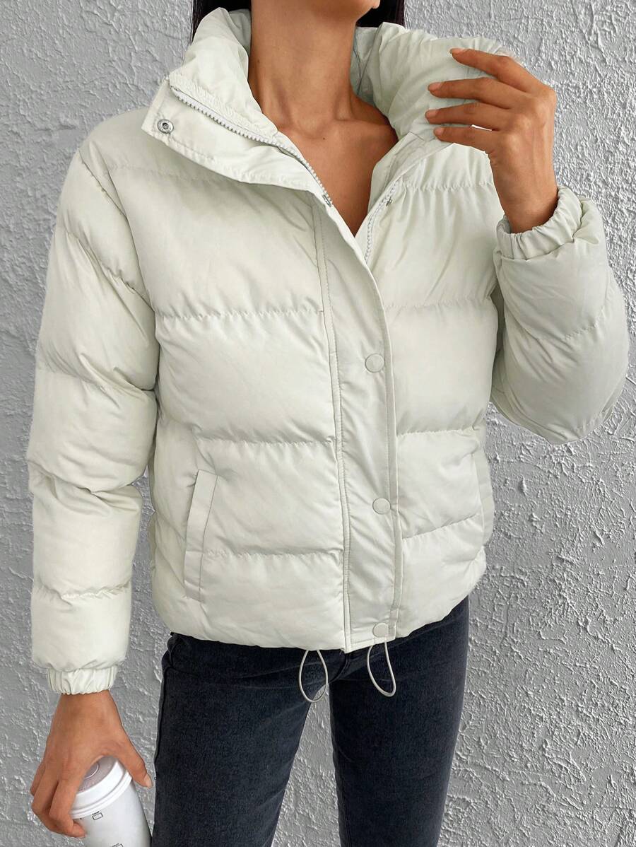 EURMUSE Drawstring Hem Zipper Puffer Coat - Beige - View 1