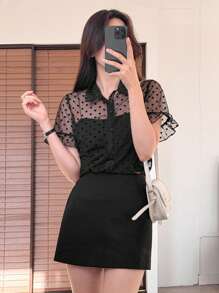 DAZY 女士波尔卡圆点透视短袖衬衫，简约时尚休闲，适合日常穿着 - 黑色 - 查看 6