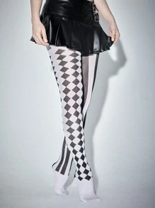 ROMWE Goth 1 Pair Geometric Striped Pattern Opaque Tights - Black and White - View 3