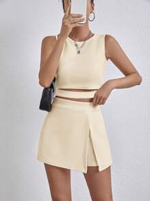 SHEIN Leap Crew 少女纯色吊带背心 + 短裤套装，度假 2 件套 - 杏色 - 查看 1