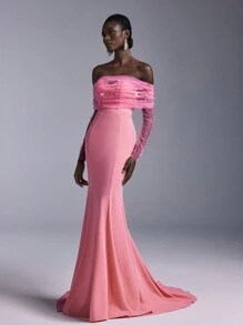 Elitara Váy cưới dài tay chữ A rộng lưng khoét sâu bằng vải satin trắng thanh lịch lãng mạn, trang trí xích mỏng, váy cưới đơn giản, cô dâu - Màu Hồng Tươi - Xem 1